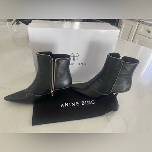 Anine Bing Black Leather Pointed Ankle Boots with Gold Zipper Trim
